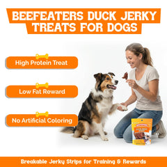 Beefeaters Duck Jerky Strips slices, chewy rewards dogs love during training.