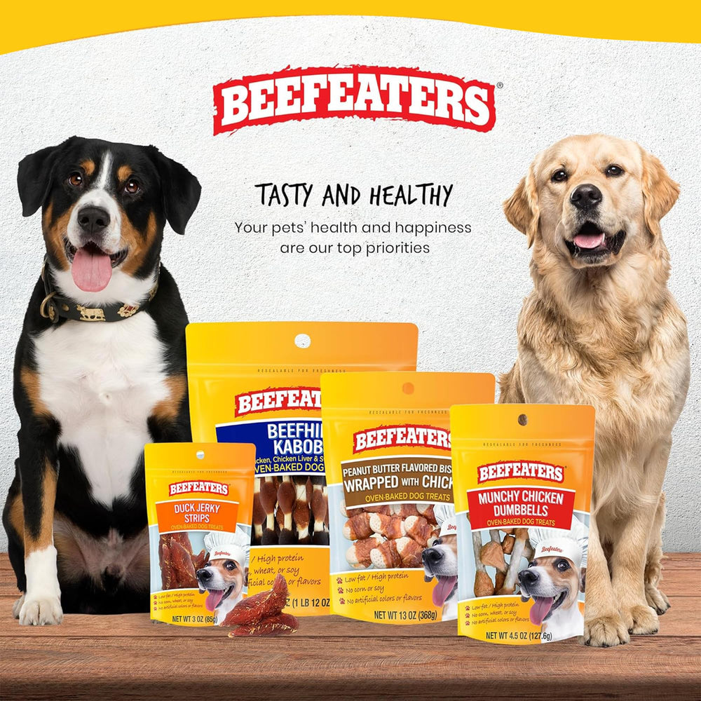 Dog enjoying a Beefeaters chew during playtime.