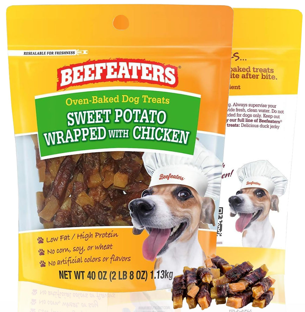 Beefeaters Sweet Potato Wrap with Chicken, bag-front view, ideal training reward.