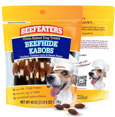Beefeaters triple flavor beefhide kabobs packaging highlights premium long-lasting chews.