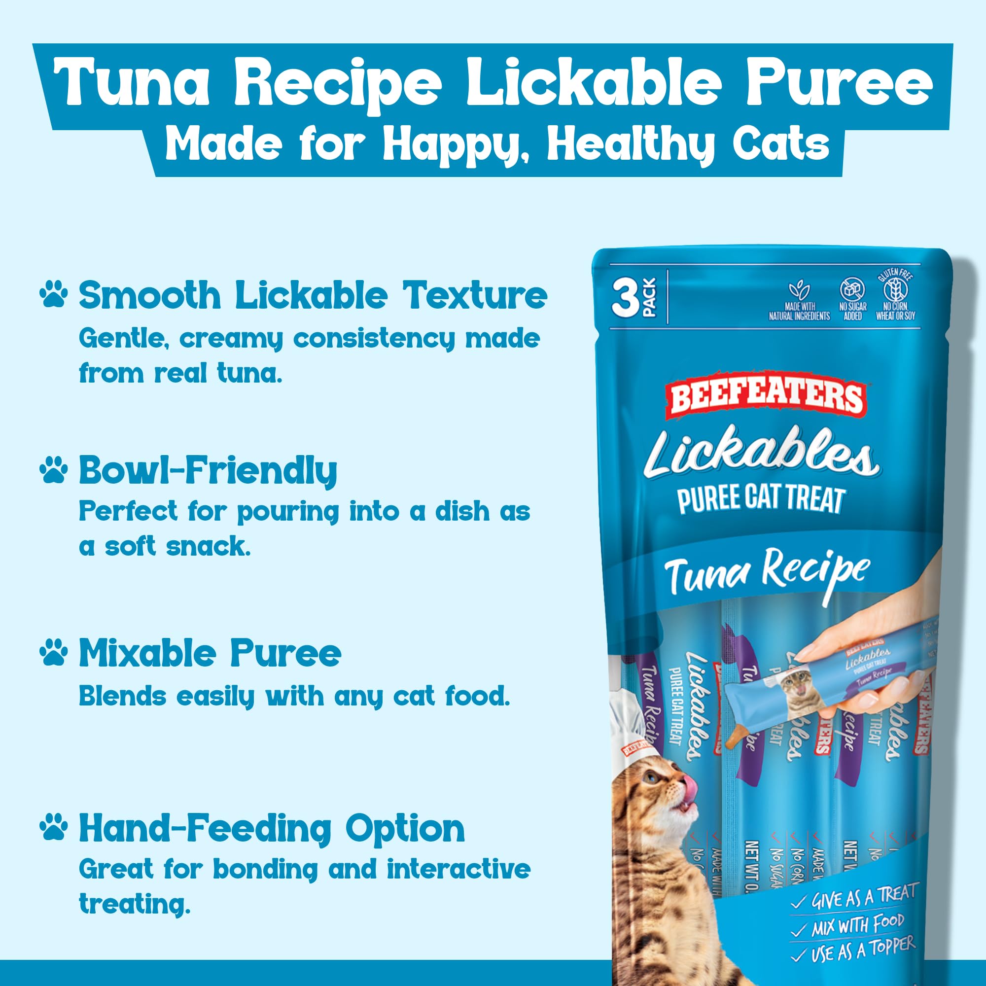 Beefeaters Tuna Puree 12-pack display emphasizes convenient daily feeding routine.