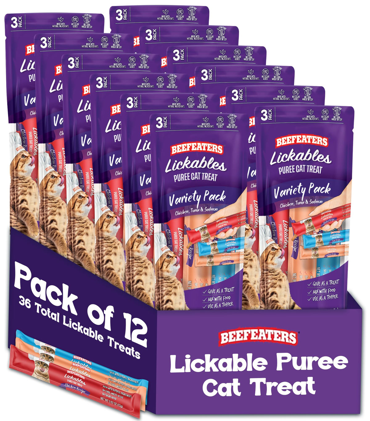 Beefeaters variety-pack lickable puree with three flavors offers hydration and flavor variety for cats