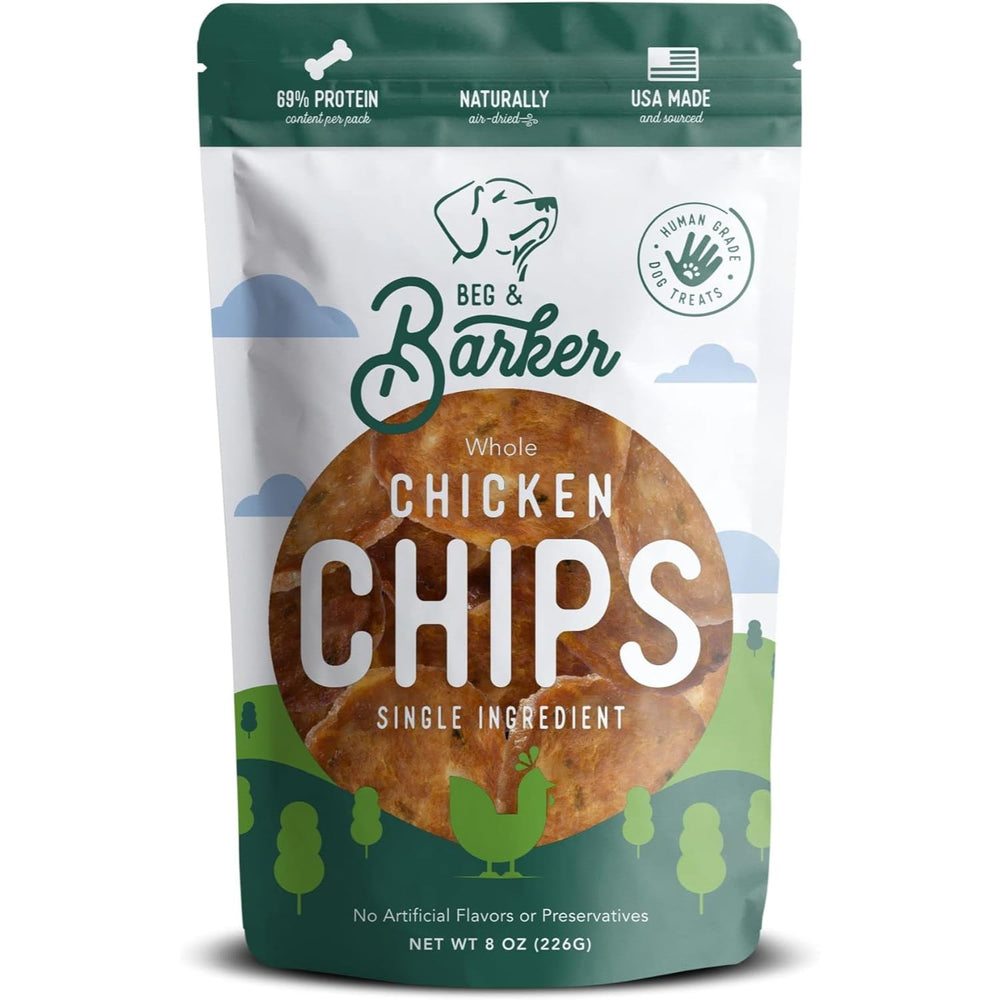 Beg & Barker Chicken Chips bag shown as a single-ingredient dog treat option.