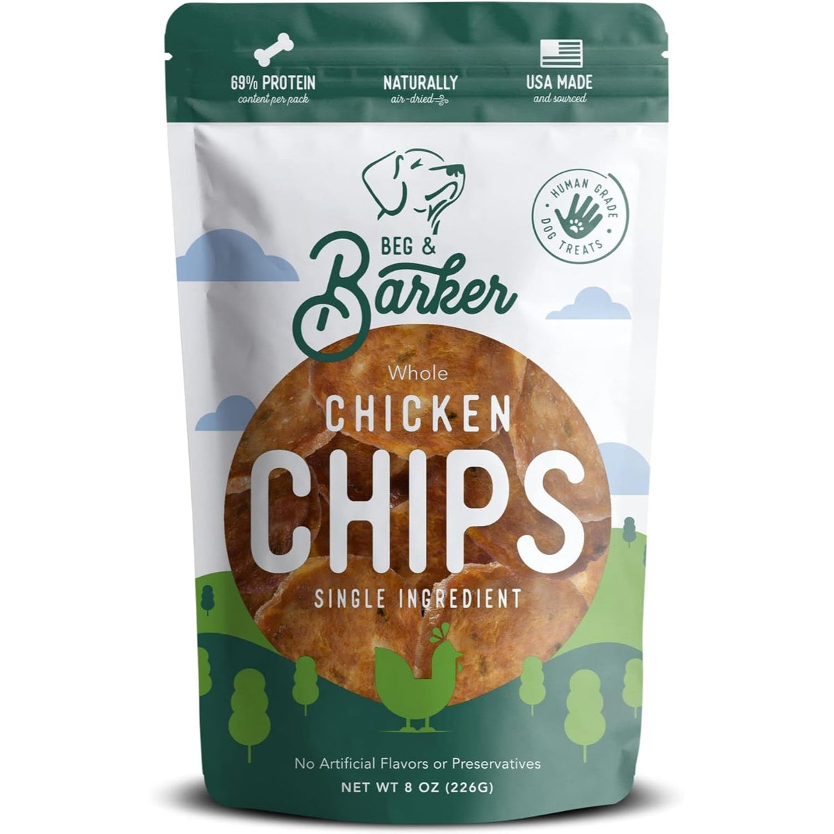 Beg & Barker Chicken Chips bag shown as a single-ingredient dog treat option.