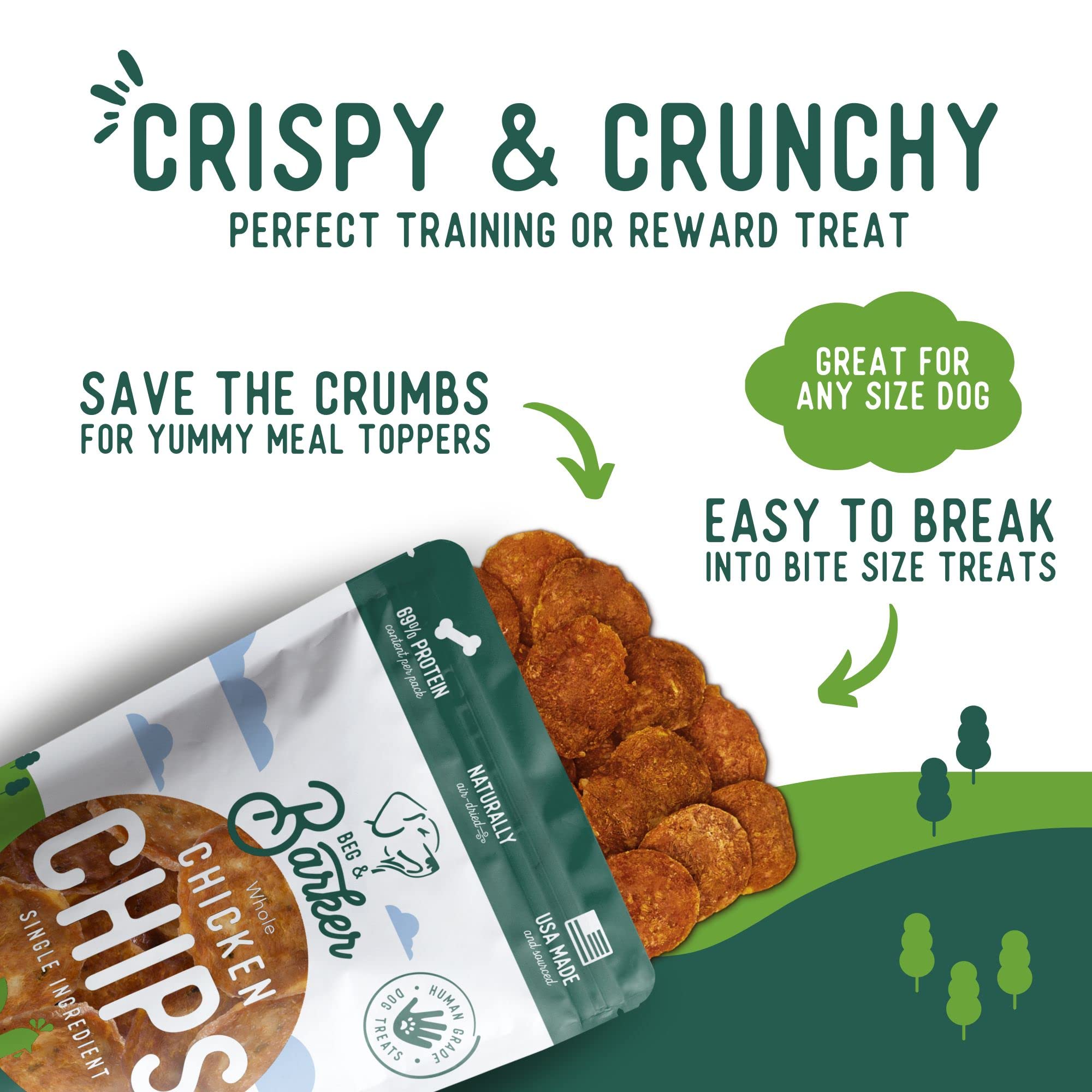 Beg & Barker Chicken Chips made in USA label highlights quality and sourcing.