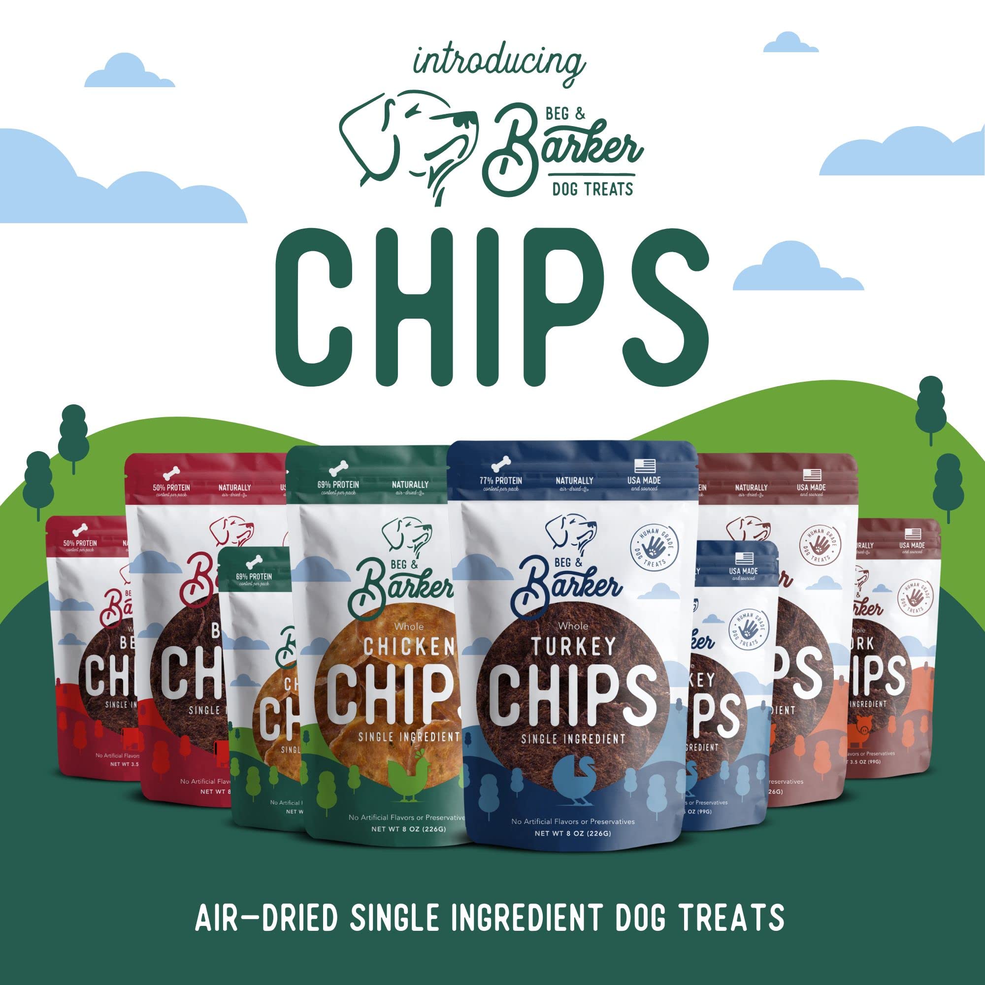 Beg & Barker Chicken Chips nutrition info panel indicating high-protein, low-fat benefits.