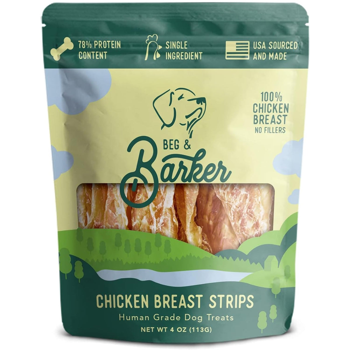 Beg & Barker chicken jerky 4oz pack — high-protein reward for dogs during training