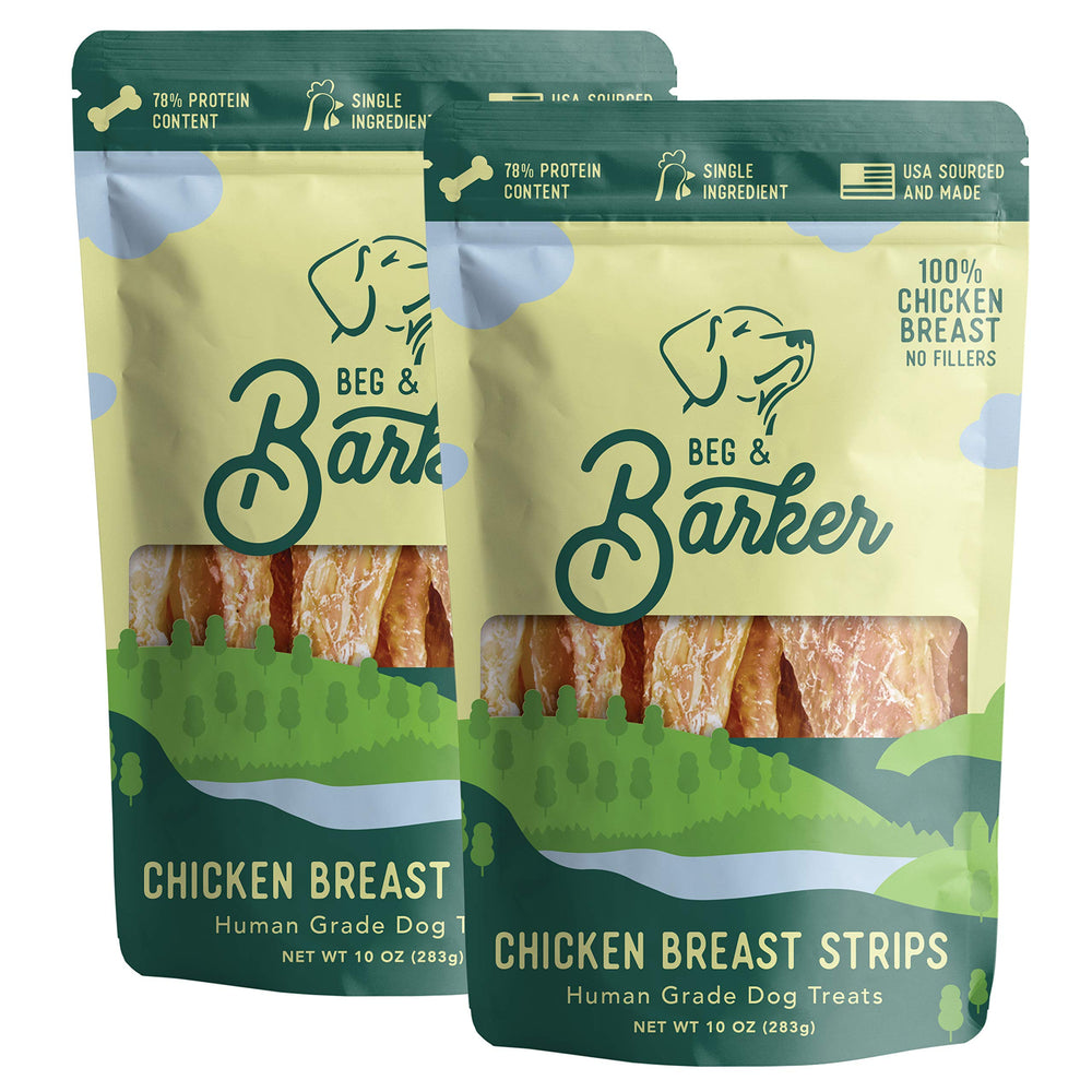 Beg Barker chicken jerky strips for dogs, protein-packed reward.