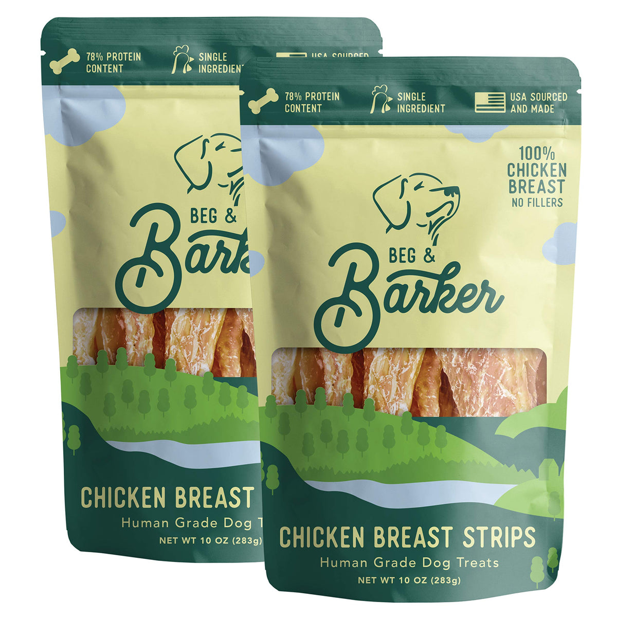 Beg Barker chicken jerky strips for dogs, protein-packed reward.