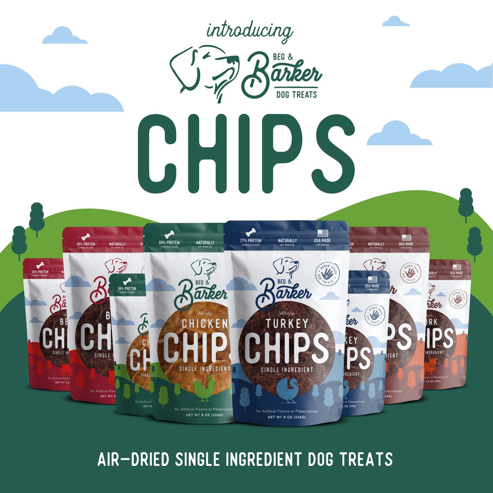 Beg & Barker pork chips shown with dogs of various sizes enjoying crunch