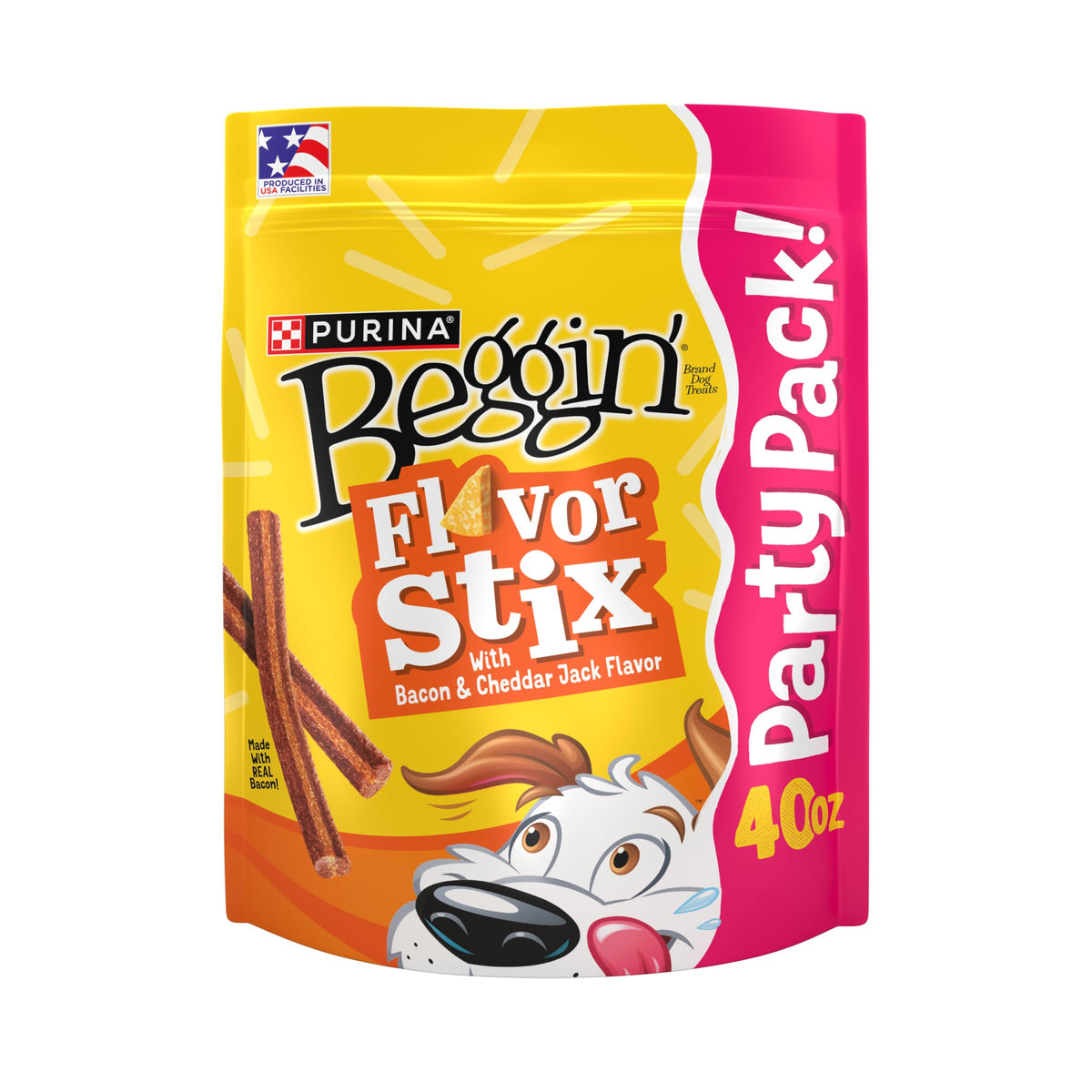Purina Beggin’ Flavor Stix bacon-cheddar jack soft treats in a resealable pouch.