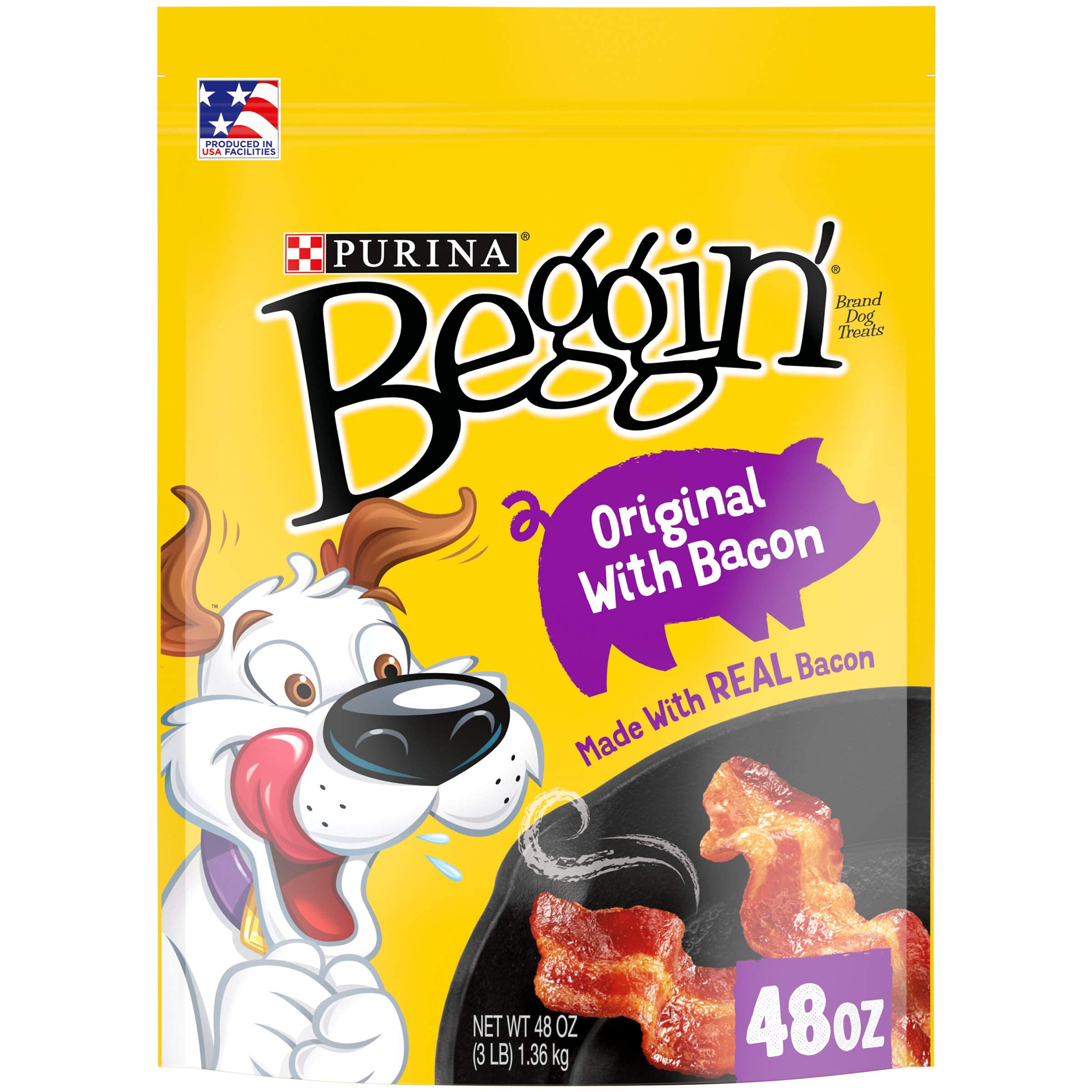 Purina Beggin' Strips bacon-cheese bags front packaging for a two-pack convenience.