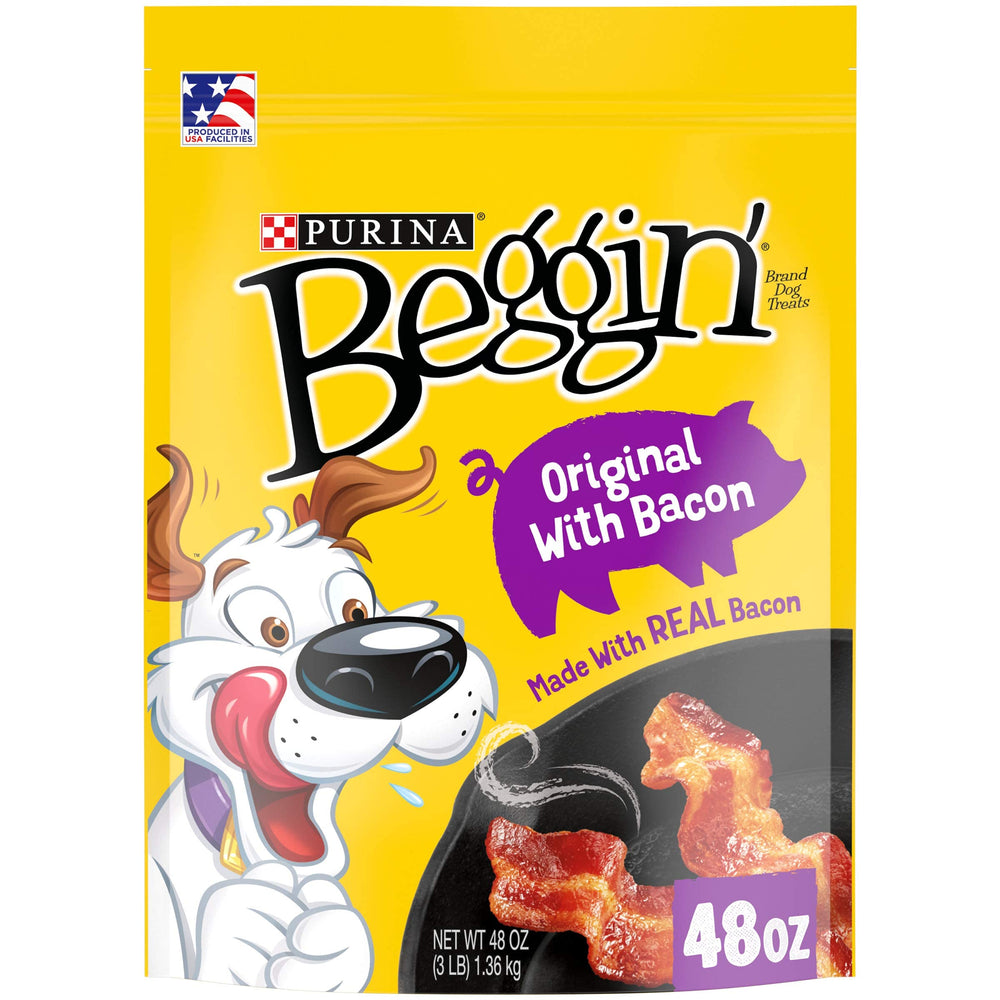 Purina Beggin' Strips bacon-cheese bags front packaging for a two-pack convenience.