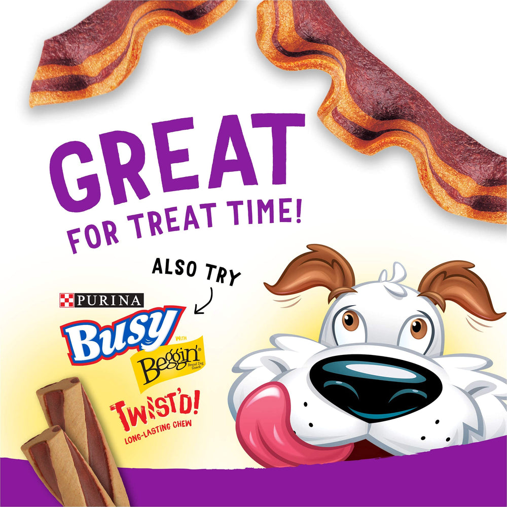 Purina Beggin' Strips bacon-cheese open bag with strips ready for quick rewards.