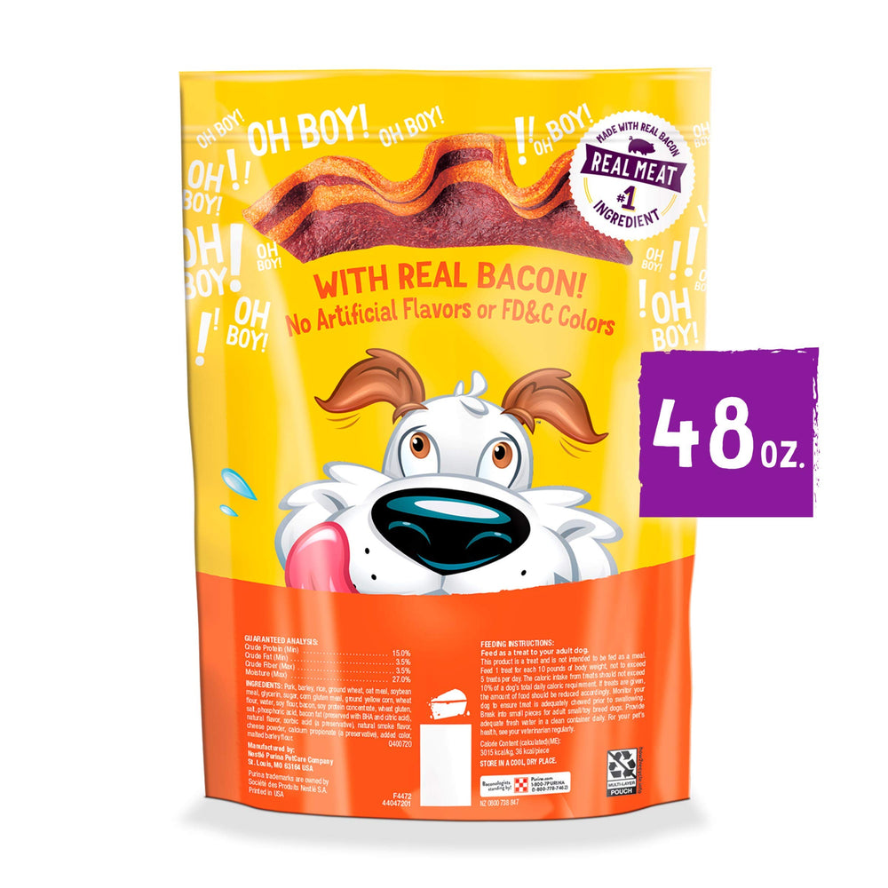 Purina Beggin' Strips bacon-cheese real meat ingredient highlight for premium snacking.
