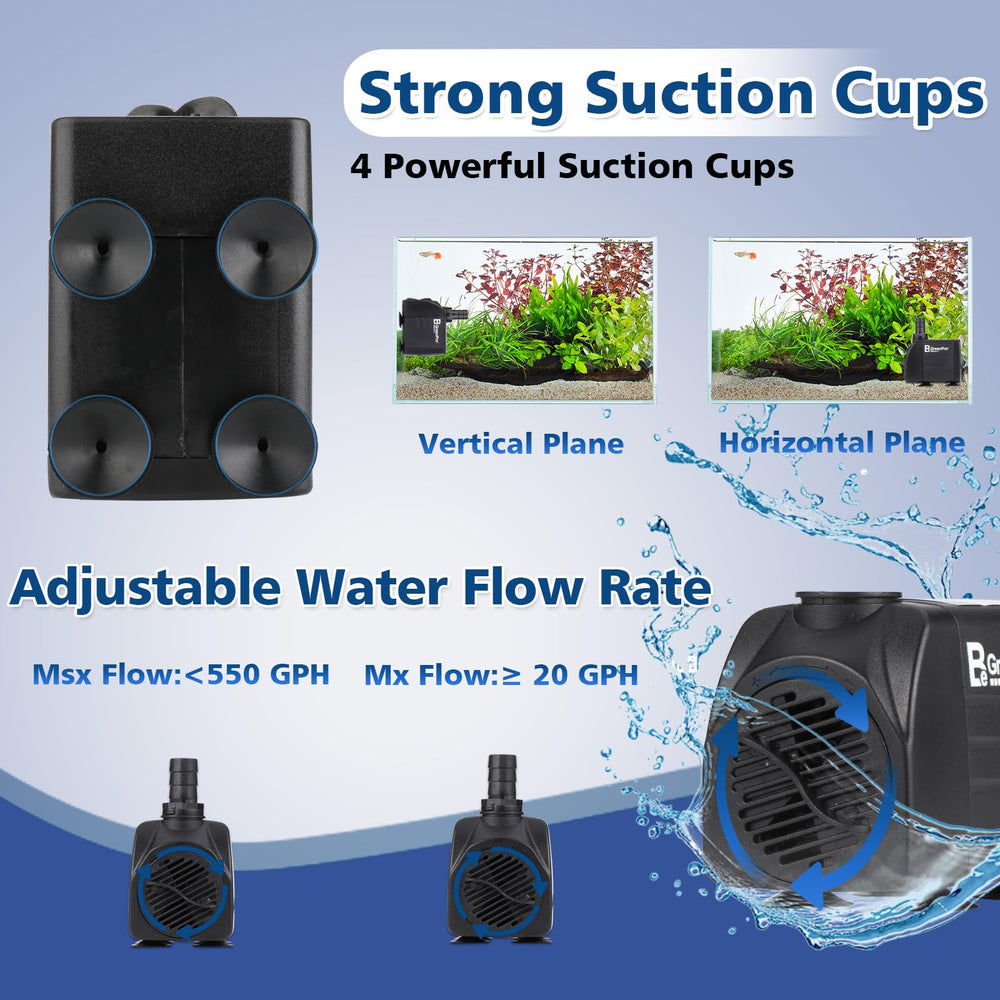 BeGreenPro pump installed in an aquarium setup showing steady movement