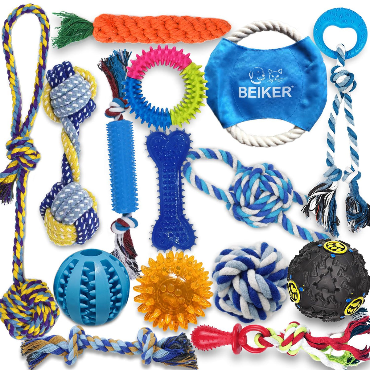 Beiker 15-pack dog teething toys bundle for small and medium breeds.