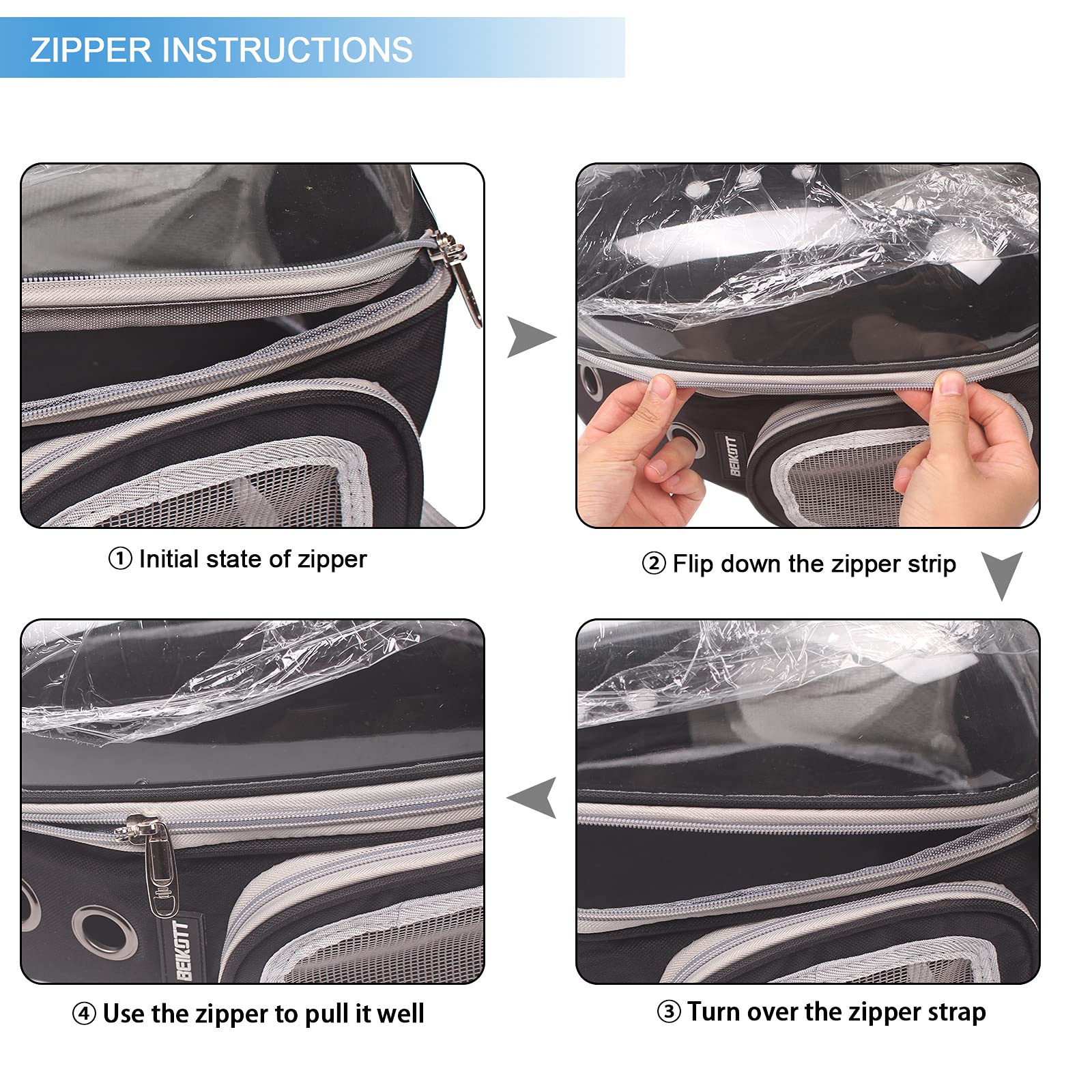 BEIKOTT cat backpack front zip access for easy setup.