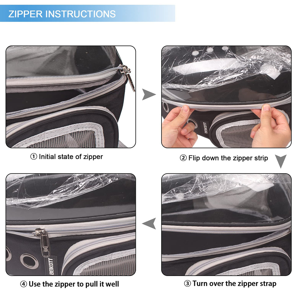 BEIKOTT cat backpack front zip access for easy setup.