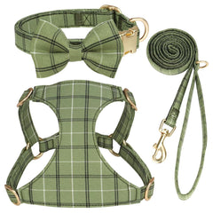 Beirui XS plaid dog harness with bowtie in green for safe, stylish daily walks.