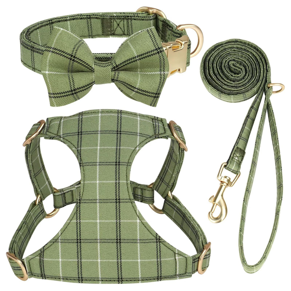 Beirui cute small dog harness with green bowtie, front view for stylish walks