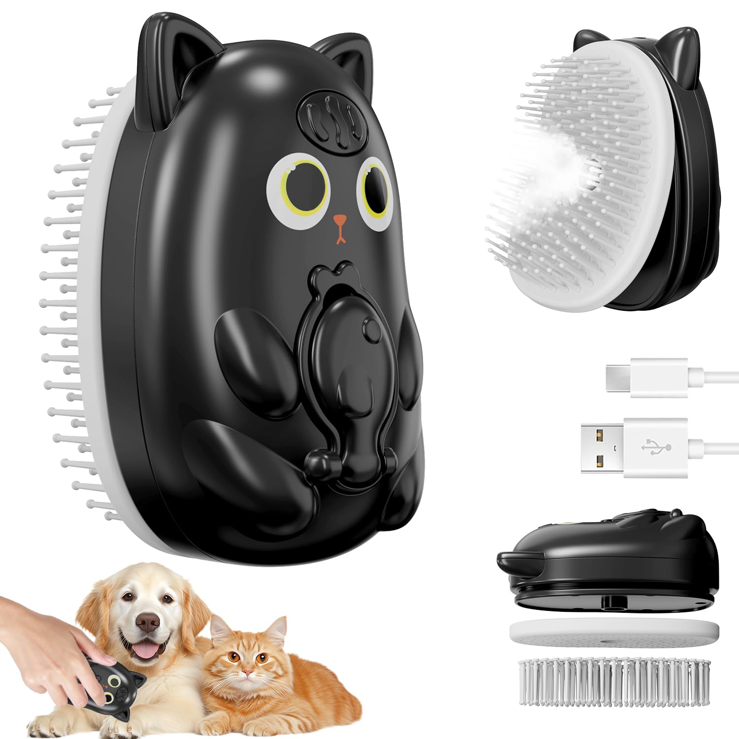 BeiyoQSZ 3in1 cat steam brush front view for easy grooming and shedding control.