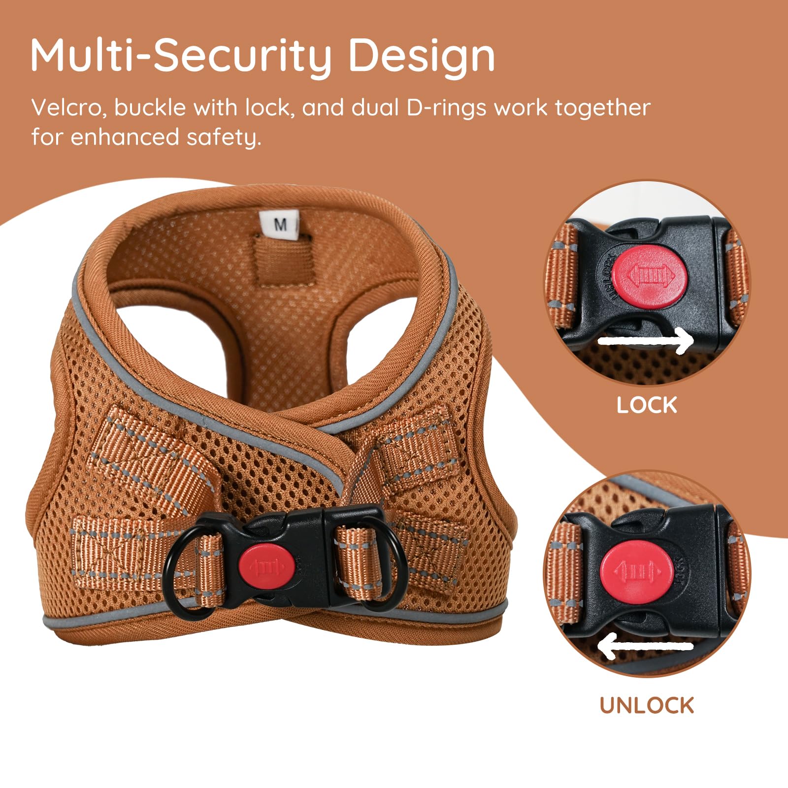 BELLA & PAL harness with reflective strip enhances visibility day and night.