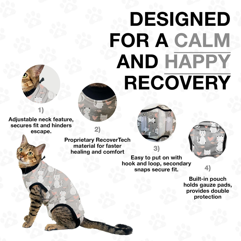BellyGuard cat pajamas offer secure fit and soothing warmth during recovery.