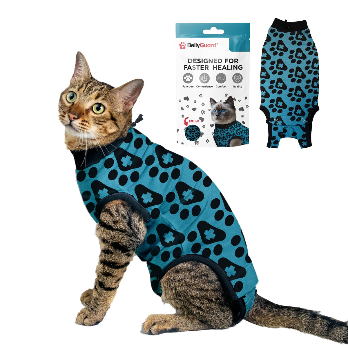 BellyGuard cat recovery suit front view showing secure fit for post-surgery healing.