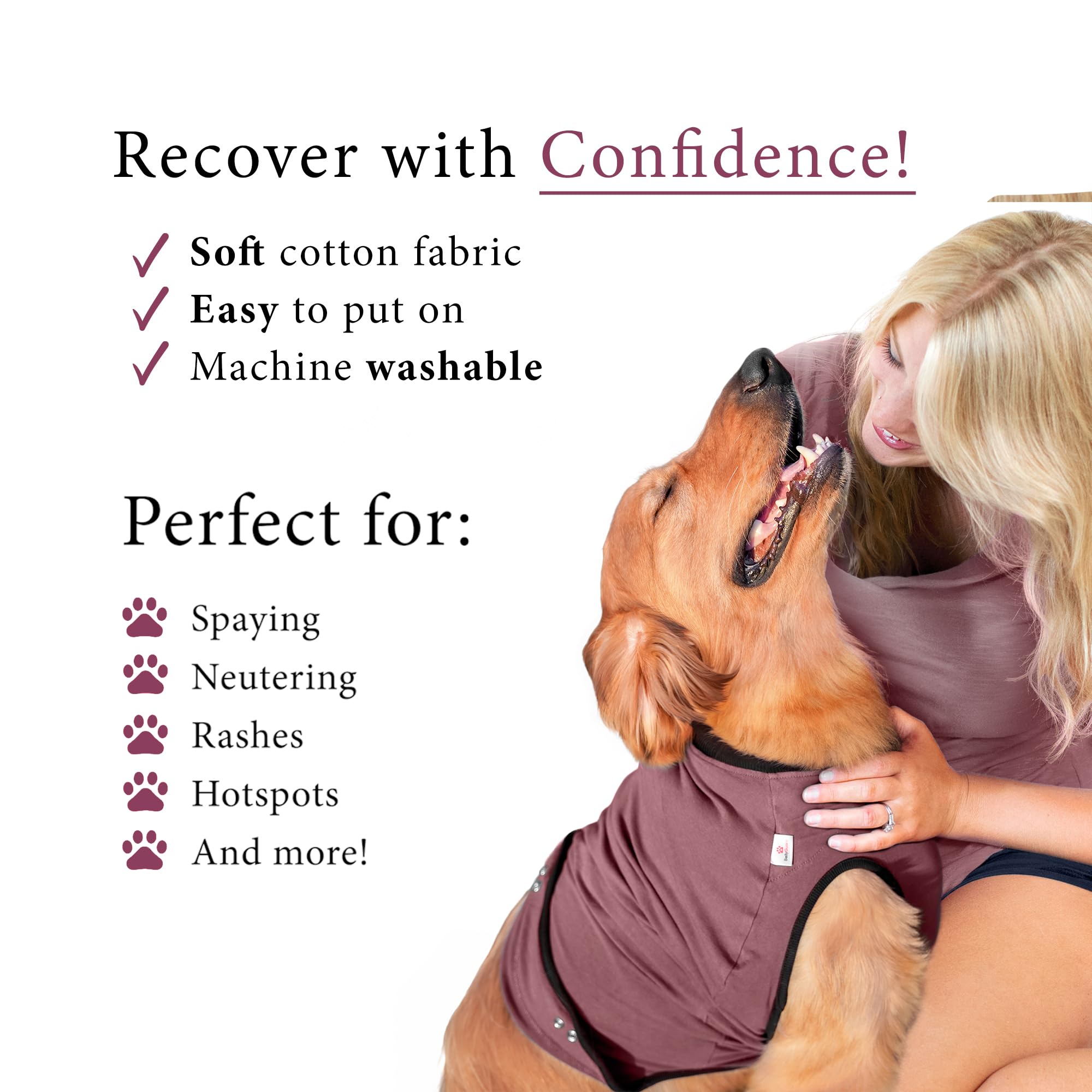 BellyGuard dog post-op suit easy-on-off design for quick changes.