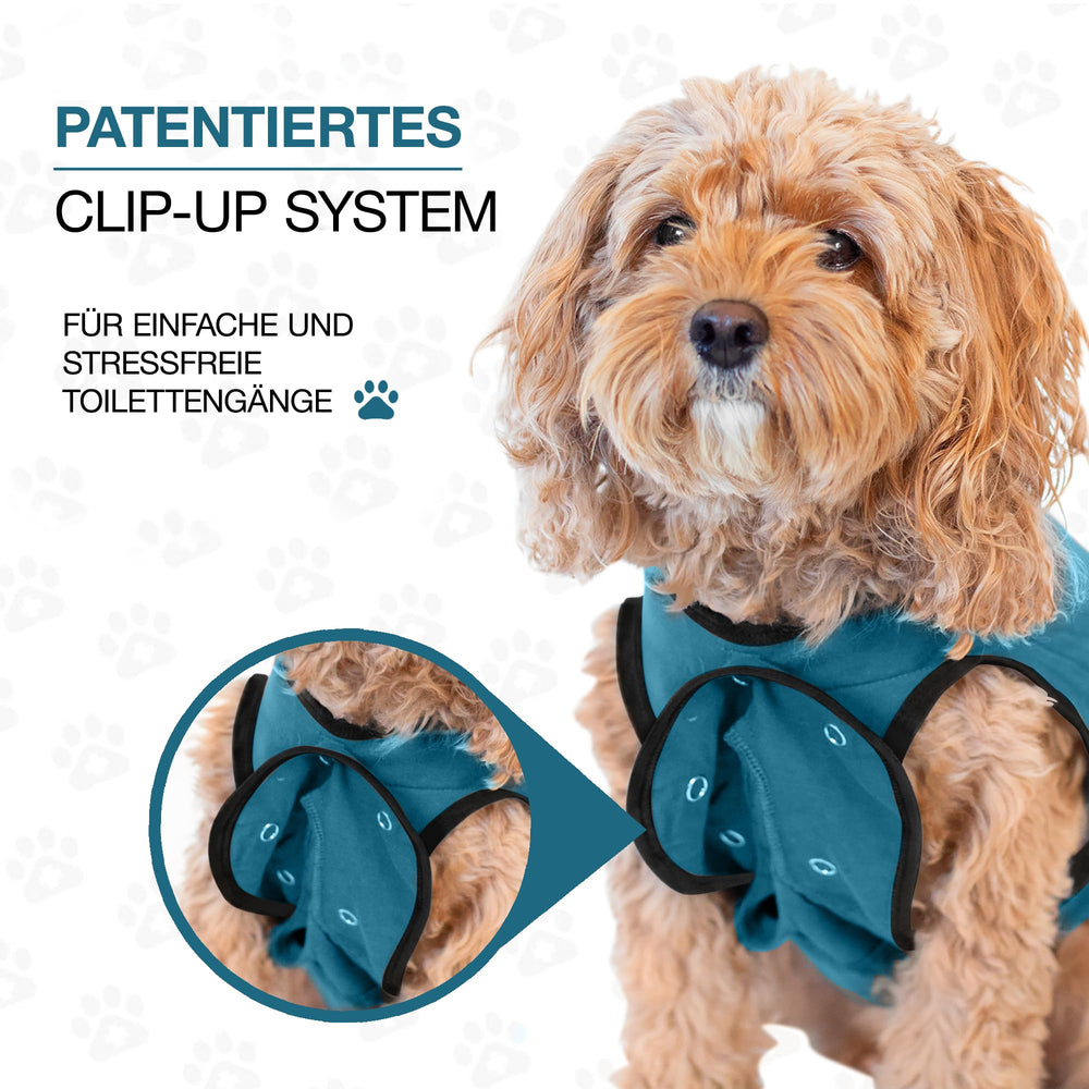 BellyGuard dog recovery suit stretch-fit design helps anxious dogs feel calm.