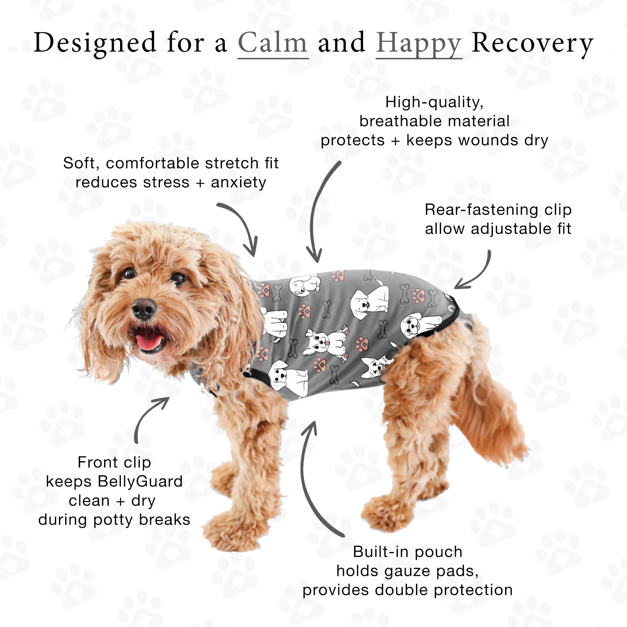 BellyGuard protected wound coverage deters licking and scratching after surgery.