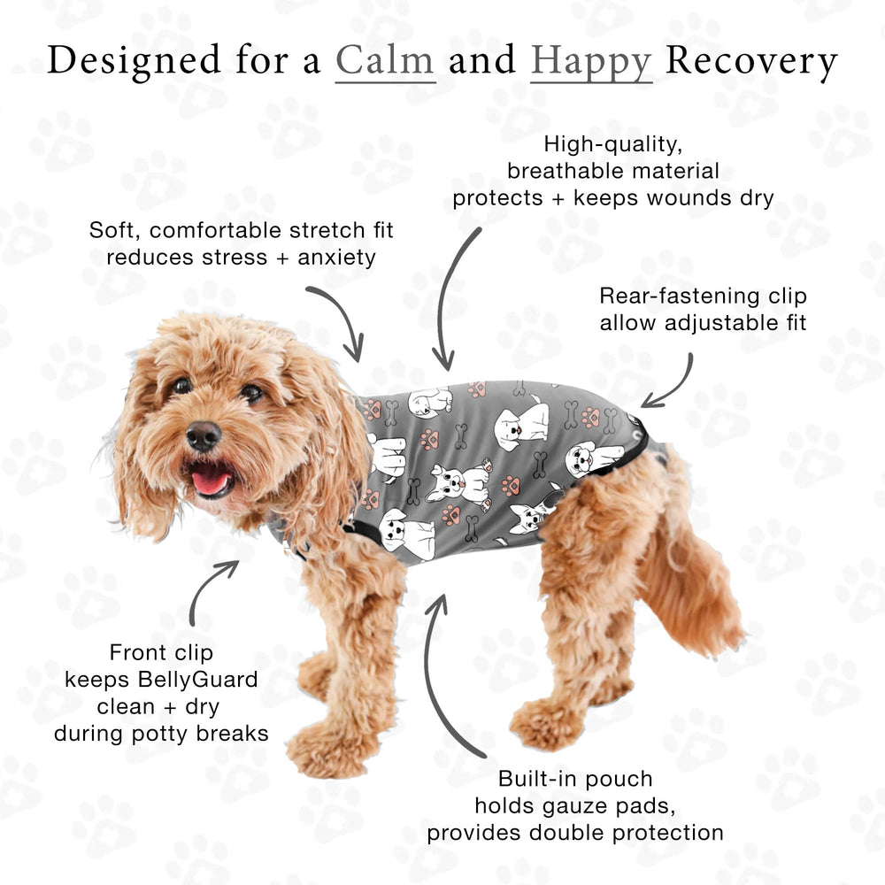 BellyGuard recovery suit highlights breathable RecoverTech fabric for comfort.