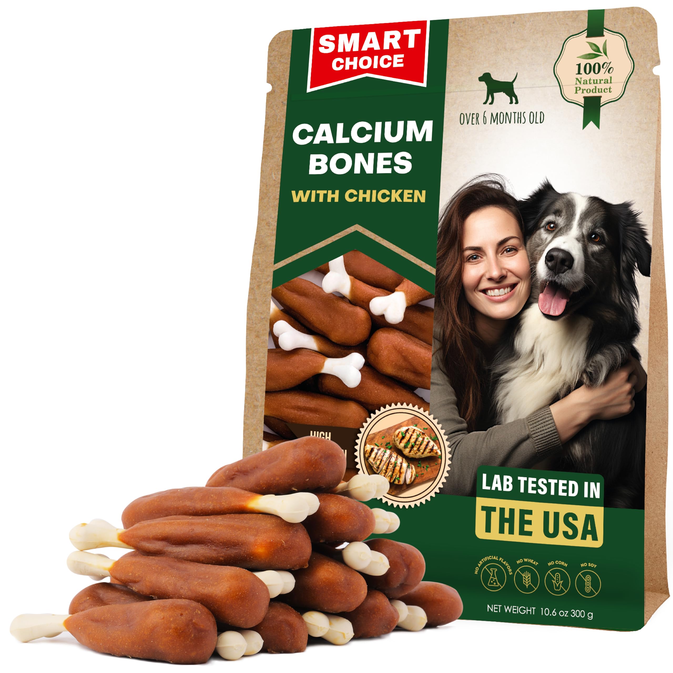 Beloved Pets calcium bone wrapped with real chicken for training rewards.