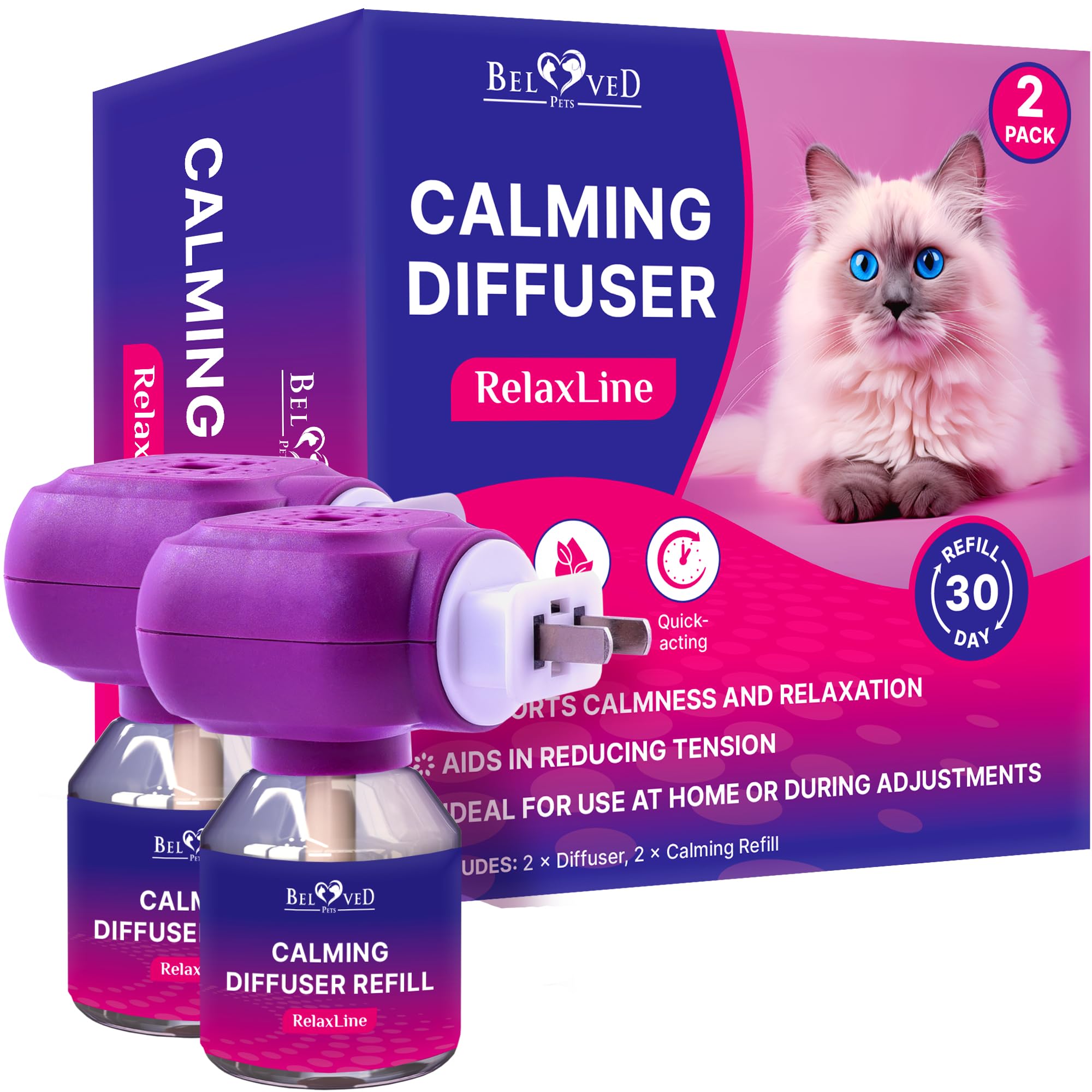 Beloved Pets cat calming diffuser plugged in, promoting a peaceful environment for multi-cat households.