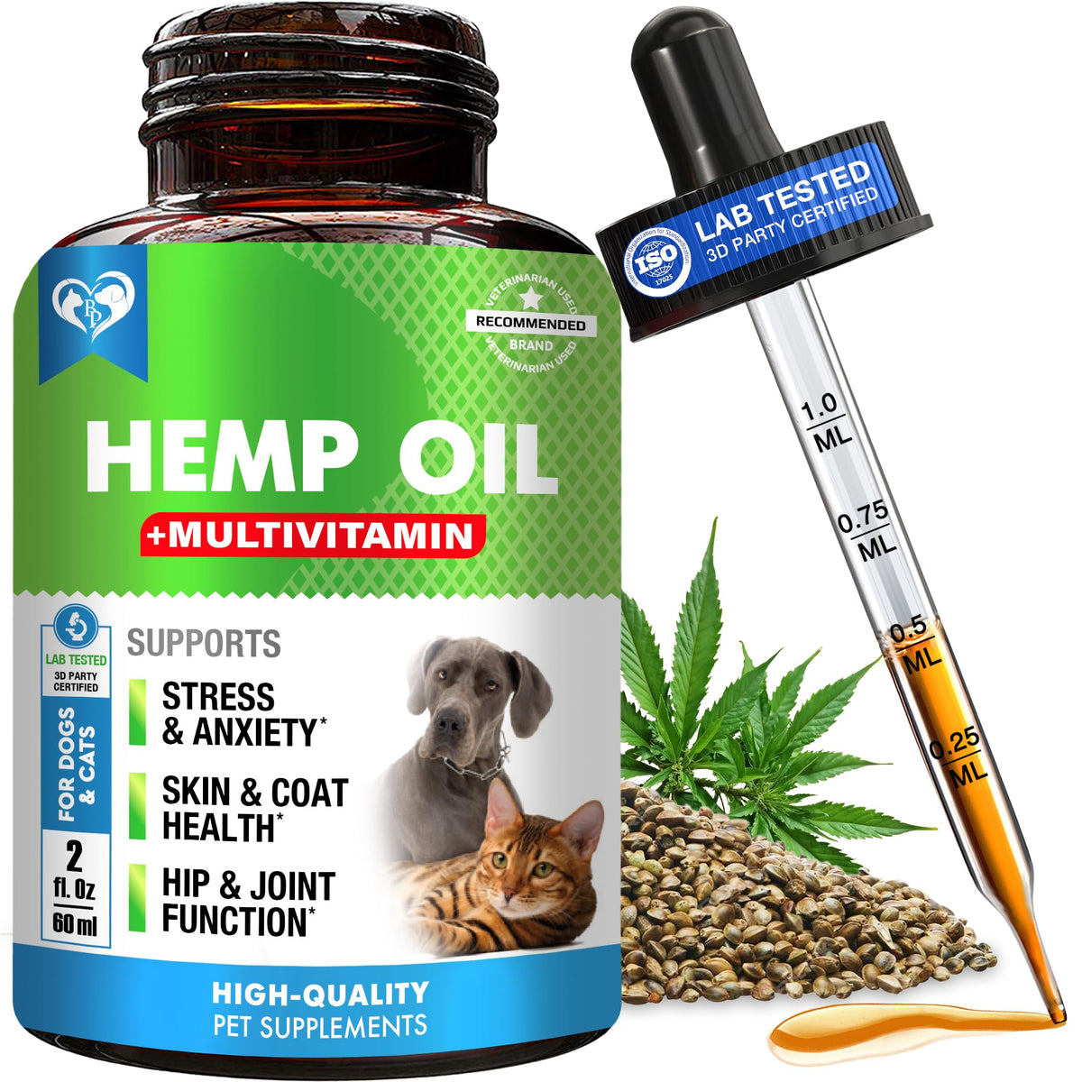 Beloved Pets hemp oil drops bottle for daily calming and joint support in cats and dogs.