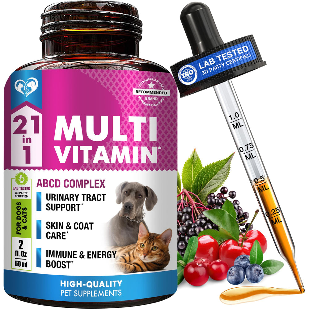 Beloved Pets multivitamin liquid bottle pour supports daily vitality for cats and dogs.