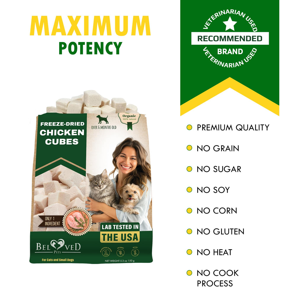 Beloved Pets chicken cubes pouch front, single-ingredient protein snack.