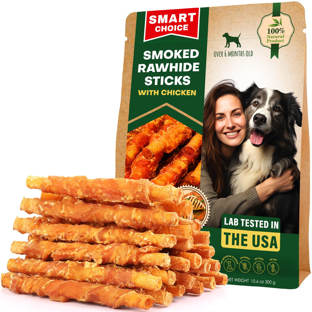Beloved Pets smoked rawhide sticks wrapped in chicken for training rewards.
