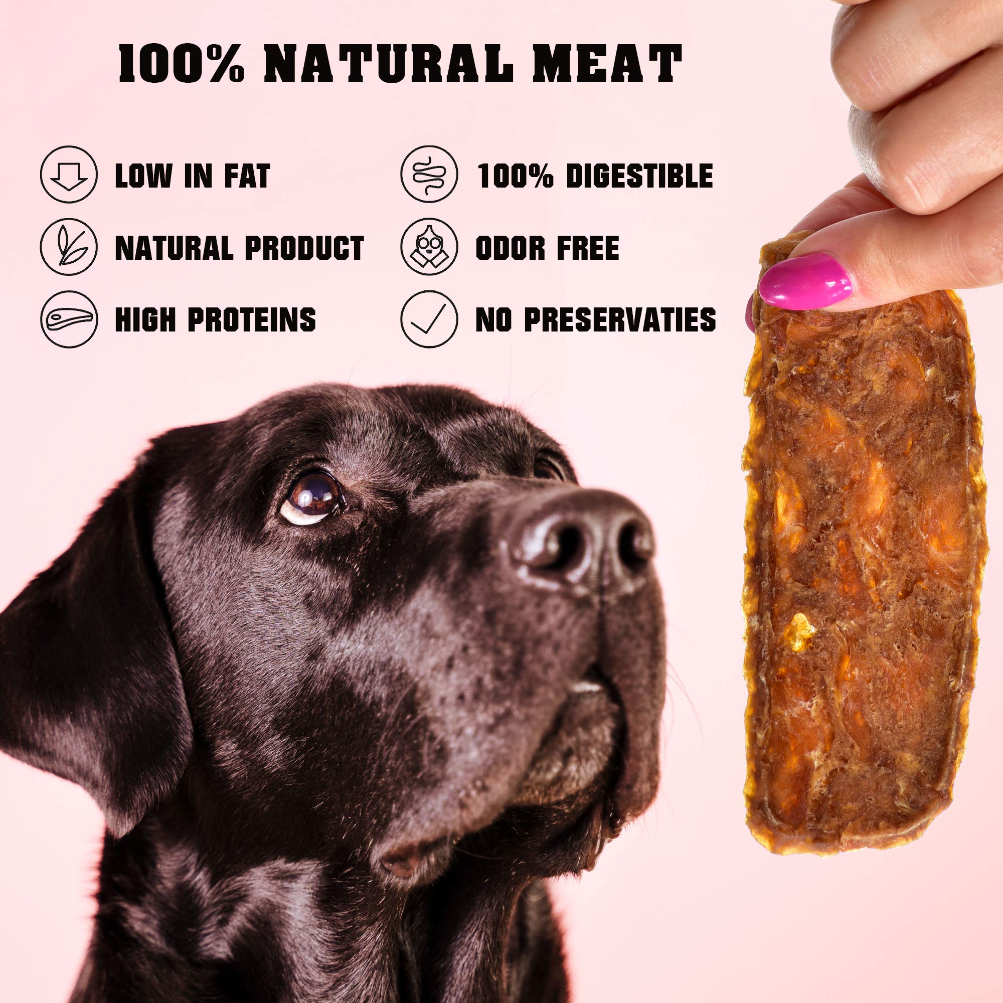 Beloved Pets chicken jerky closeup-texture, chewy 100 percent meat snack for oral care.