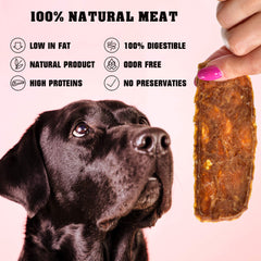 Beloved Pets chicken jerky closeup-texture, chewy 100 percent meat snack for oral care.