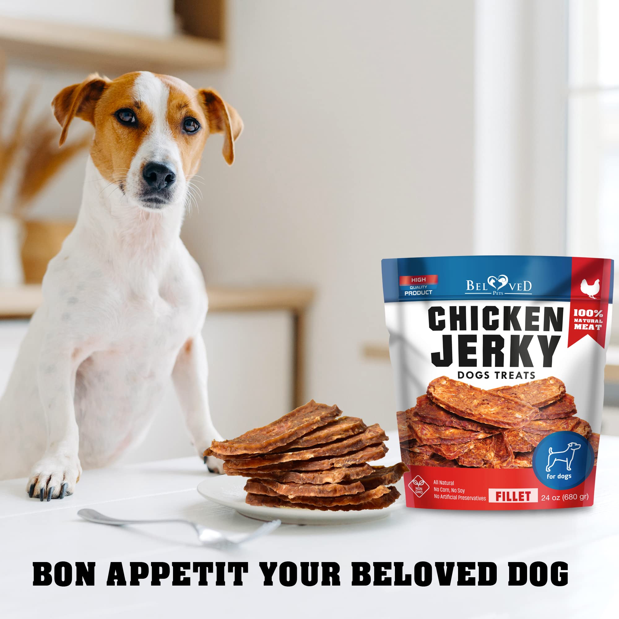 Beloved Pets chicken jerky packaging-shelf, human-grade treats with no fillers.