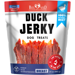 Beloved Pets duck jerky bag-front showing premium, grain-free dog treats