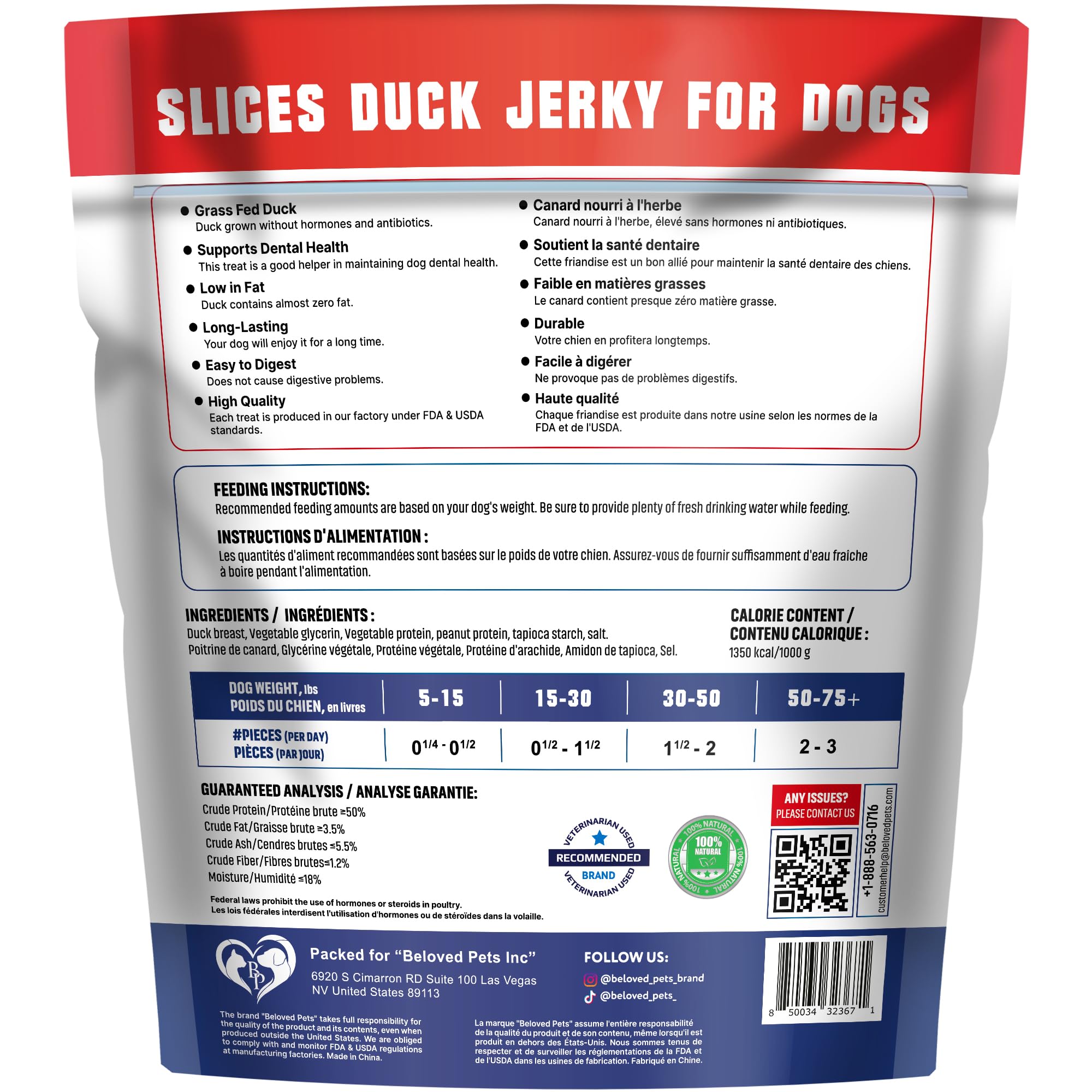 Beloved Pets duck jerky treats closeup highlighting real meat texture