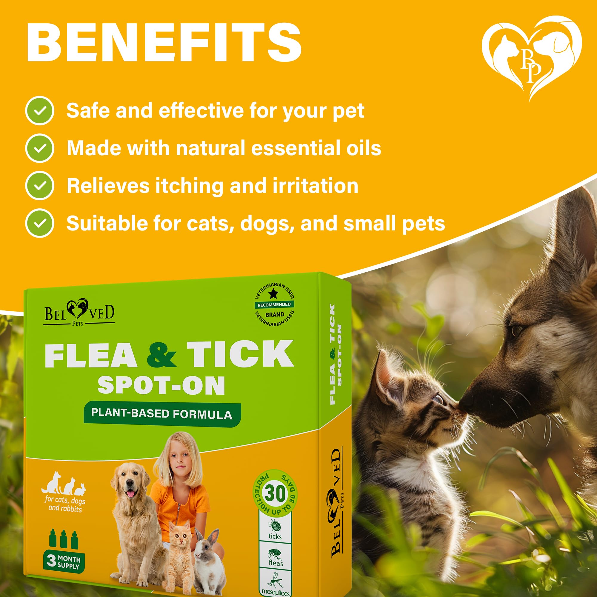 Illustrated natural essential oils in Beloved Pets formula for gentle protection.
