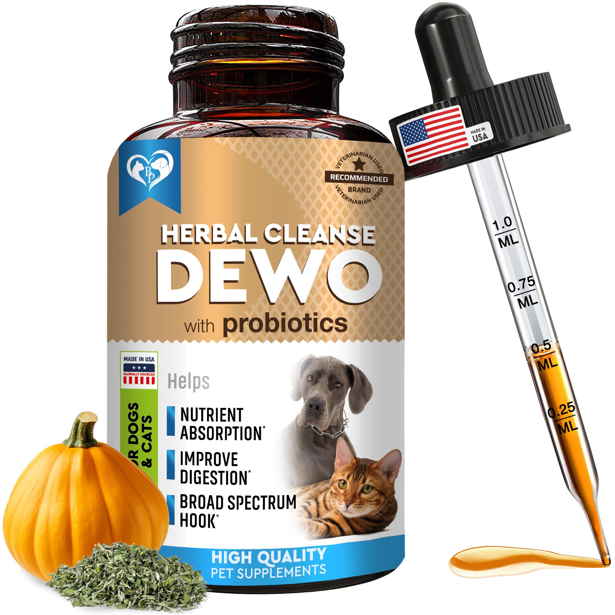 Closeup of the Beloved Pets label on the Natural Intestinal Defense bottle.