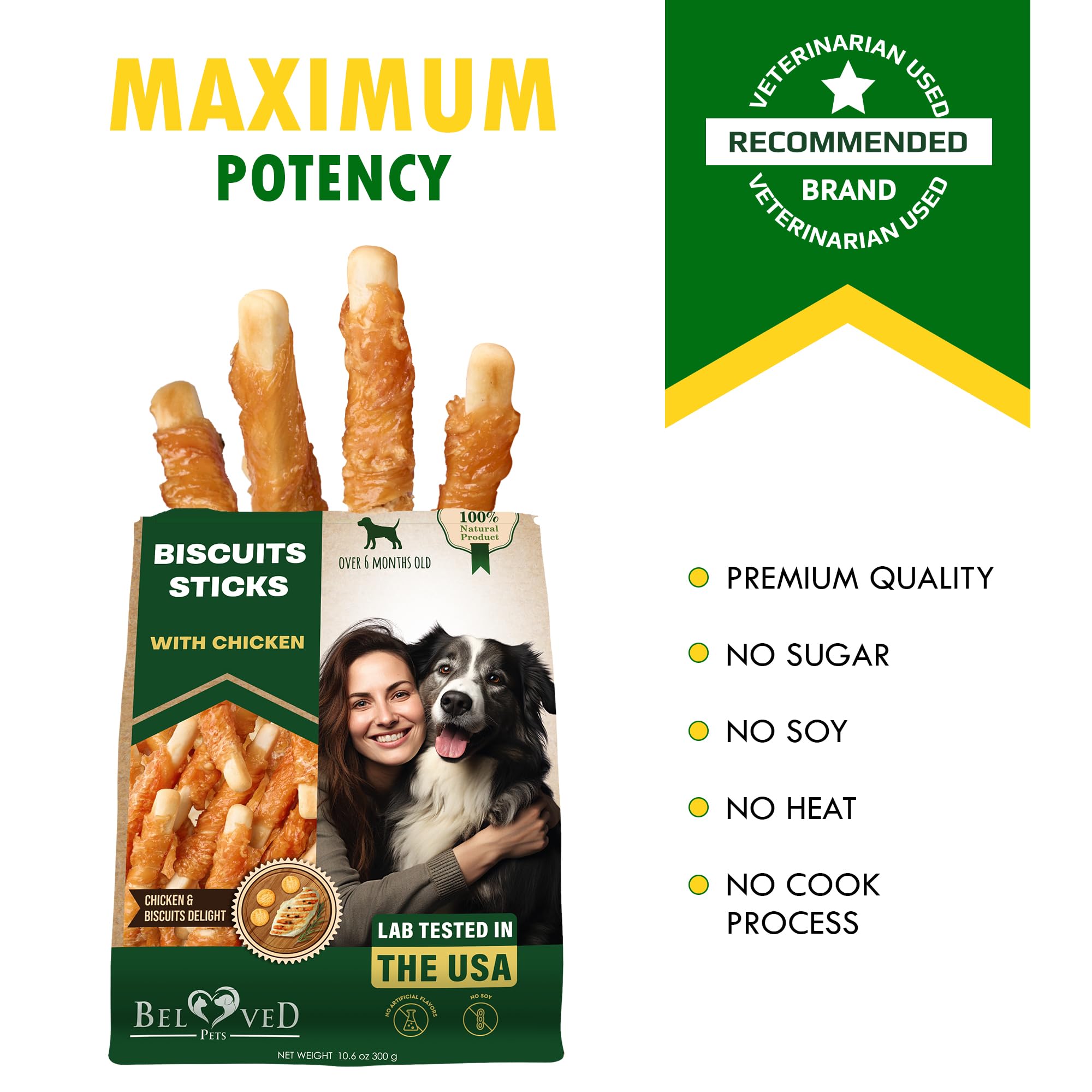 Beloved Pets protein-rich chicken treats with savory aroma for dogs.