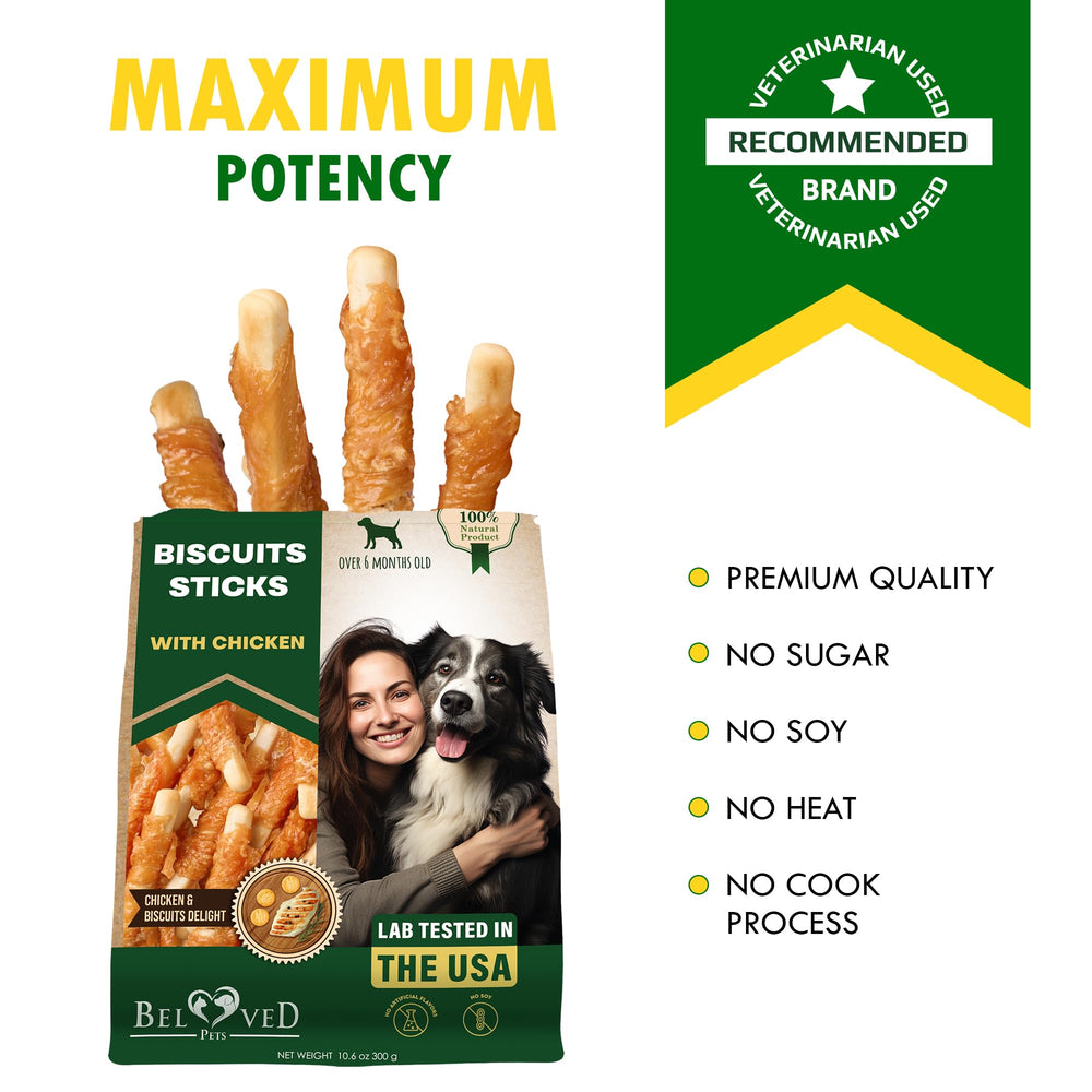 Beloved Pets protein-rich chicken treats with savory aroma for dogs.
