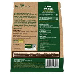 10.6 oz Beloved Pets cod-sticks wrapped chews for long-lasting fun.