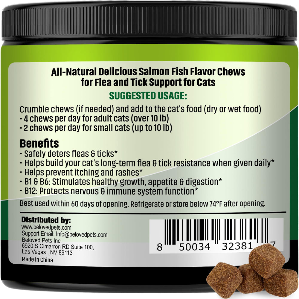 Beloved Pets Revolution cat chews bottle demonstrates salmon flavor for easy care.